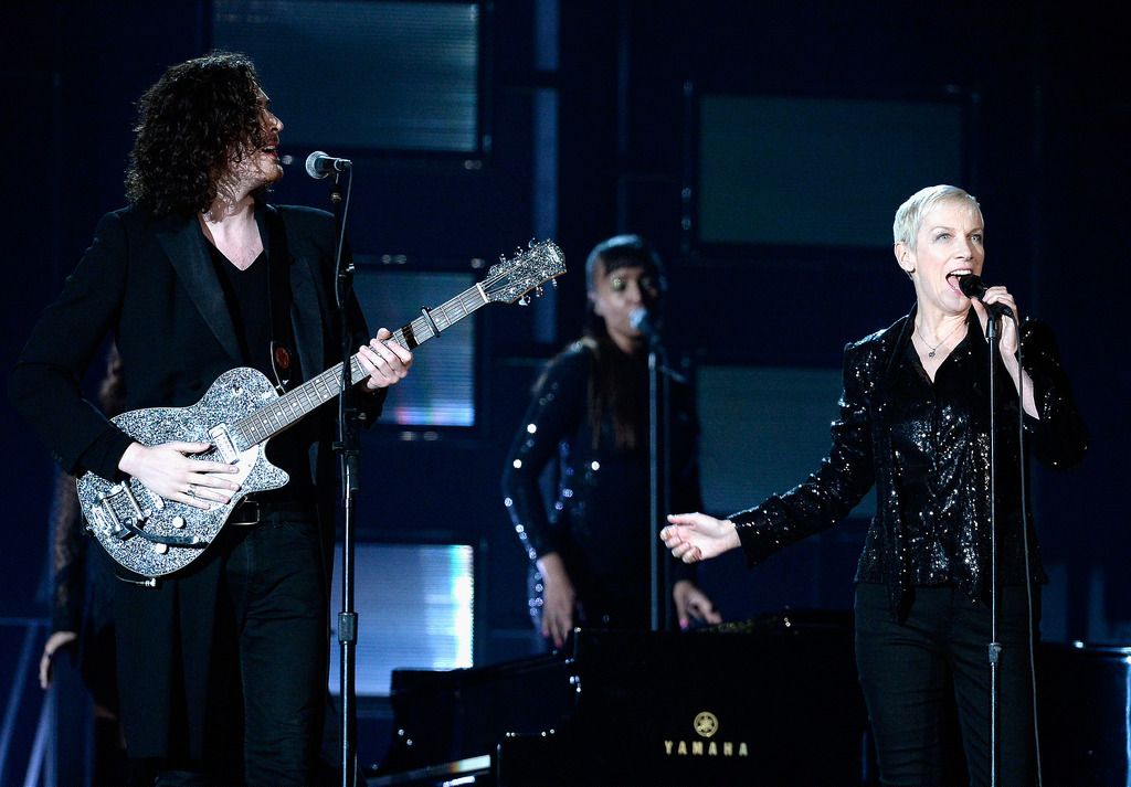 Singers Hozier (L) and Annie Lenox perform onstage during The 57th Annual GRAMMY Awards at the at the STAPLES Center on February 8, 2015 in Los Angeles, California.  (Photo by Kevork Djansezian/Getty Images)