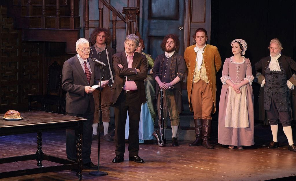 Bryan McMahon-Chairman of the Abbey Theatre (Left) with Director of the Abbey Theatre Fiach Mac Conghail and actors at the Abbey Theatre's 110th birthday celebrations over the weekend 

Pic :Brian McEvoy.