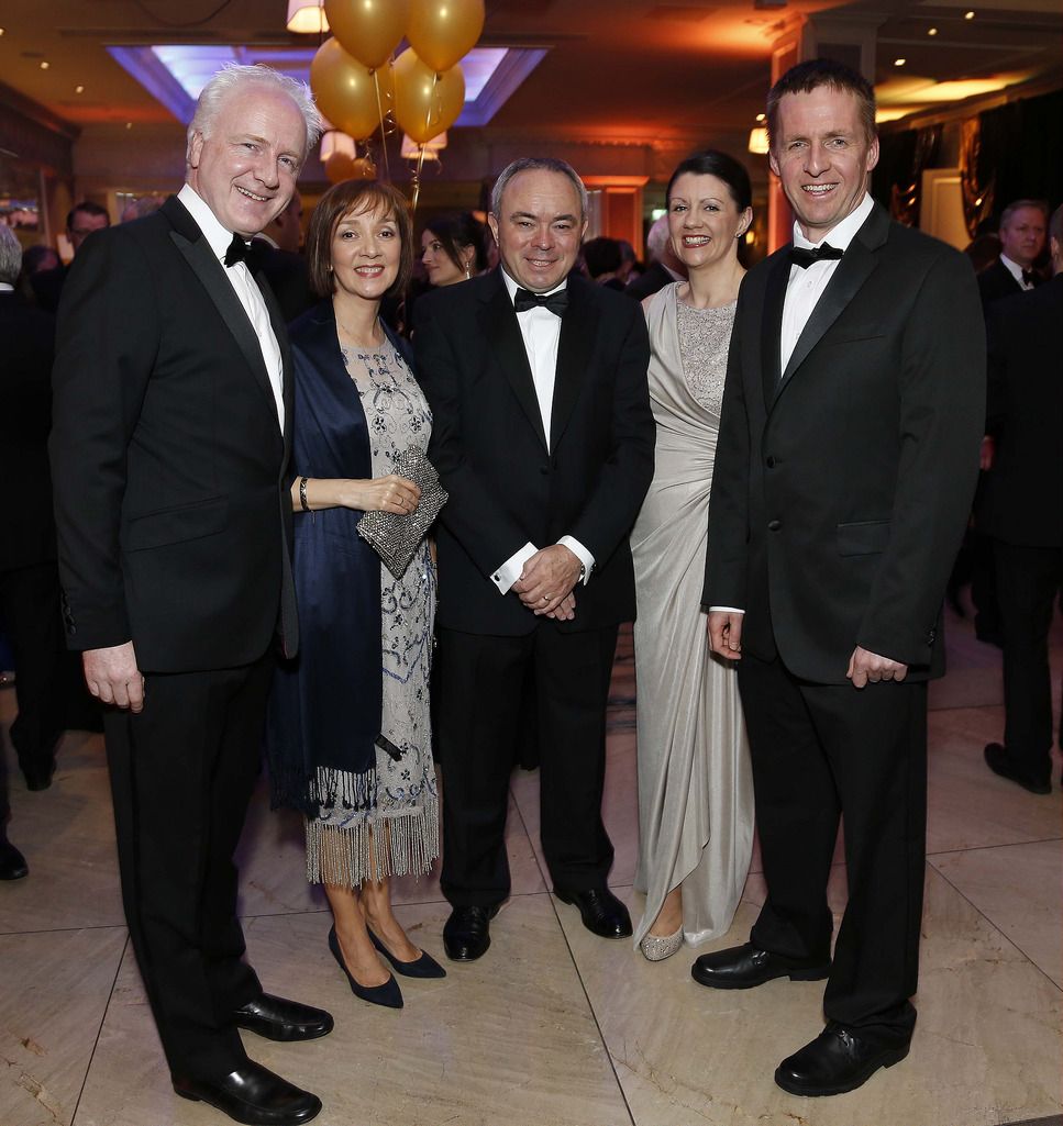 Rachel Kenna, Kealan McClusker, Paul White, Lorcan & Lucille Birthistle, pictured at the CMRF Crumlin Gold Ball at the Doubletree by Hilton Hotel on Saturday March 14th.CMRF Crumlin, the principal fundraising body for Our Ladyâ€™s Childrenâ€™s Hospital, Crumlin and the National Childrenâ€™s Research Centre, celebrated its 50th anniversary with The Gold Ball to acknowledge 50 years of fundraising for childrenâ€™s health in Ireland. Pic. Robbie Reynolds