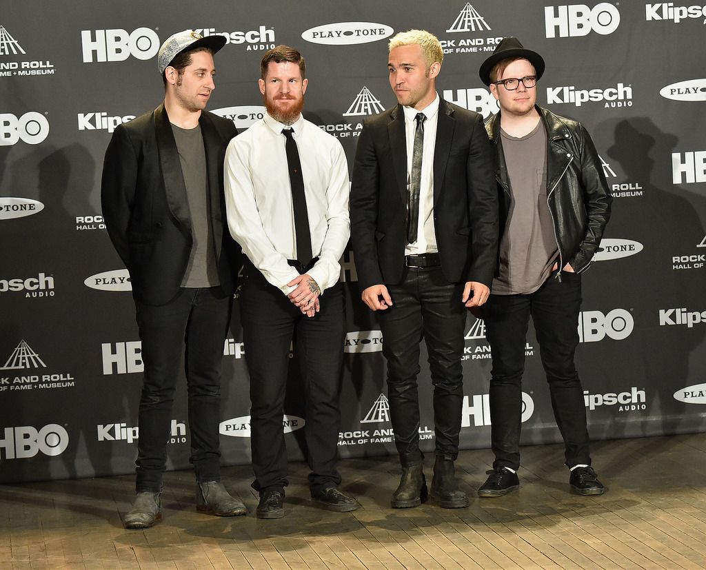 CLEVELAND, OH - APRIL 18:  (L-R) Joe Trohman, Andy Hurley, Pete Wentz and Patrick Stump of Fall Out Boy attend the 30th Annual Rock And Roll Hall Of Fame Induction Ceremony at Public Hall on April 18, 2015 in Cleveland, Ohio.  (Photo by Michael Loccisano/Getty Images)