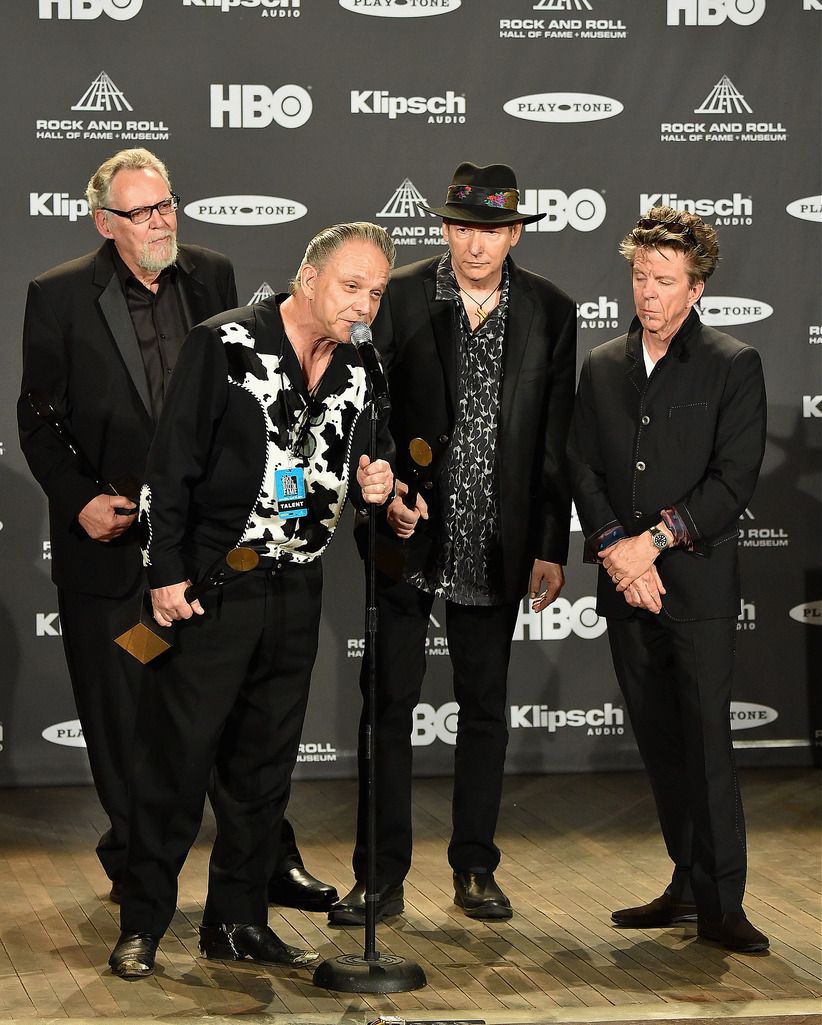 CLEVELAND, OH - APRIL 18:  Jimmie Vaughan and inductees Reese Wynans, Tommy Shannon and Chris Layton of Stevie Ray Vaughan and Double Trouble speak in the press room during the 30th Annual Rock And Roll Hall Of Fame Induction Ceremony at Public Hall on April 18, 2015 in Cleveland, Ohio.  (Photo by Michael Loccisano/Getty Images)