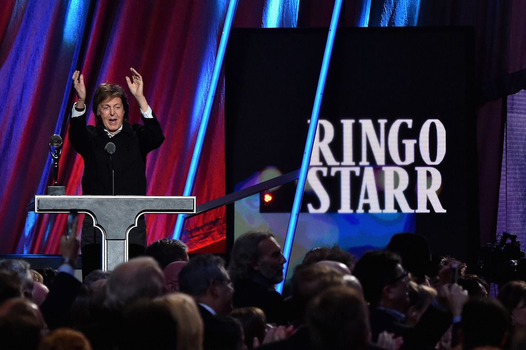 CLEVELAND, OH - APRIL 18:  Sir Paul McCartney inducts Ringo Starr onstage during the 30th Annual Rock And Roll Hall Of Fame Induction Ceremony at Public Hall on April 18, 2015 in Cleveland, Ohio.  (Photo by Mike Coppola/Getty Images)