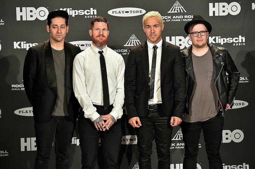 CLEVELAND, OH - APRIL 18:  (L-R) Joe Trohman, Andy Hurley, Pete Wentz and Patrick Stump of Fall Out Boy attend the 30th Annual Rock And Roll Hall Of Fame Induction Ceremony at Public Hall on April 18, 2015 in Cleveland, Ohio.  (Photo by Michael Loccisano/Getty Images)