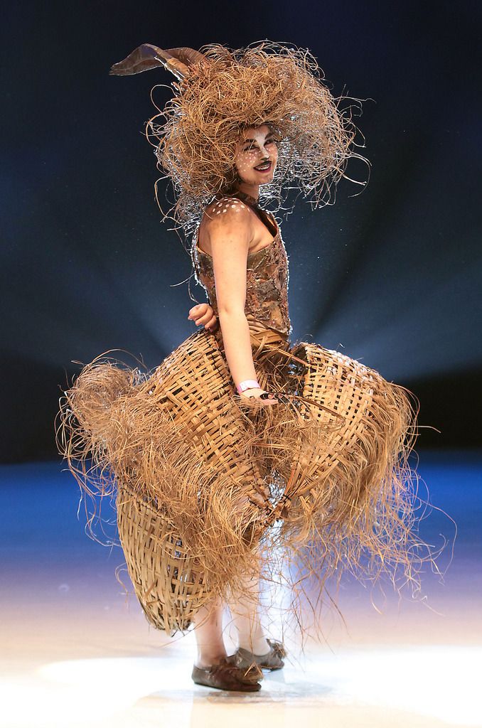  Aurica Syrbu from Loreto Balbriggan. wears  a dress entitled Queen of the Forest  created from palm and deciduous leaves which are woven, ripped, torn, stripped and lacquered  at the final of The Bank of Ireland Junk Kouture Competition in association with Repak at The 3 Arena,Dublin on Friday night..Picture:Brian McEvoy.