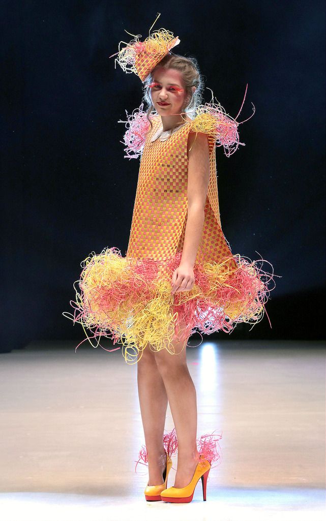 Dress entitled Building Blocks is modelled by Aideen Rafferty from Loreto Balbriggan. It is made from red and yellow builders tape  at the final of The Bank of Ireland Junk Kouture Competition in association with Repak at The 3 Arena,Dublin on Friday night..Picture:Brian McEvoy.