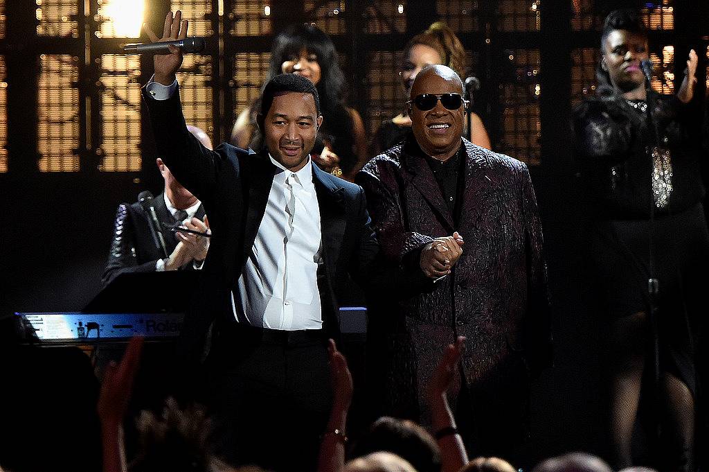 CLEVELAND, OH - APRIL 18:  John Legend and Stevie Wonder onstage during the 30th Annual Rock And Roll Hall Of Fame Induction Ceremony at Public Hall on April 18, 2015 in Cleveland, Ohio.  (Photo by Mike Coppola/Getty Images)