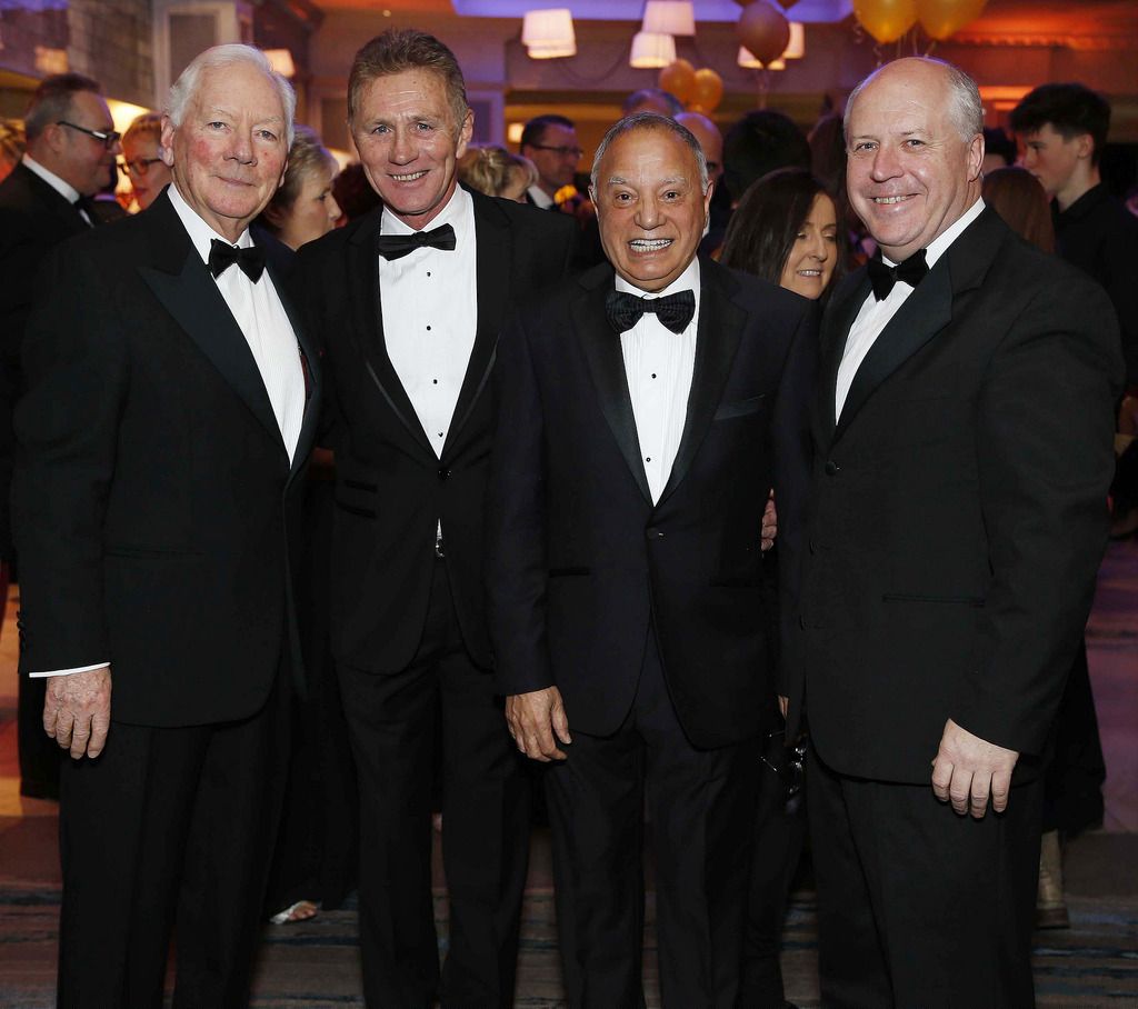Gay Byrne with Eamonn Clughlan, Prem Puri and Joe Quinsey , pictured at the CMRF Crumlin Gold Ball at the Doubletree by Hilton Hotel on Saturday March 14th.CMRF Crumlin, the principal fundraising body for Our Ladyâ€™s Childrenâ€™s Hospital, Crumlin and the National Childrenâ€™s Research Centre, celebrated its 50th anniversary with The Gold Ball to acknowledge 50 years of fundraising for childrenâ€™s health in Ireland. Pic. Robbie Reynolds