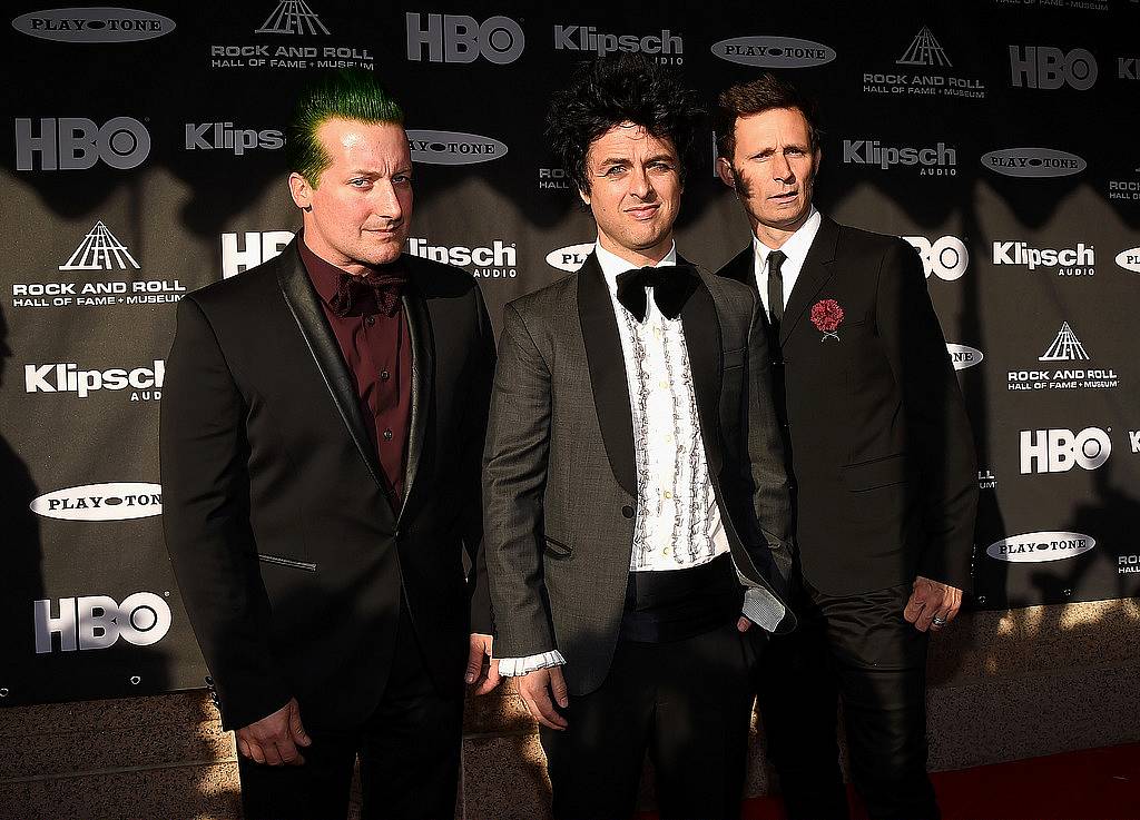 CLEVELAND, OH - APRIL 18:  (L-R) Musicians Tre Cool, Billie Joe Armstrong and Mike Dirnt of Green Day attend the 30th Annual Rock And Roll Hall Of Fame Induction Ceremony at Public Hall on April 18, 2015 in Cleveland, Ohio.  (Photo by Michael Loccisano/Getty Images)