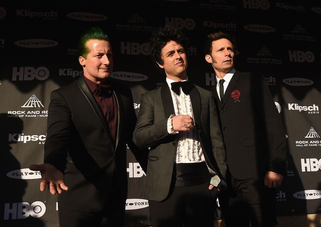 CLEVELAND, OH - APRIL 18:  (L-R) Musicians Tre Cool, Billie Joe Armstrong and Mike Dirnt of Green Day attend the 30th Annual Rock And Roll Hall Of Fame Induction Ceremony at Public Hall on April 18, 2015 in Cleveland, Ohio.  (Photo by Michael Loccisano/Getty Images)