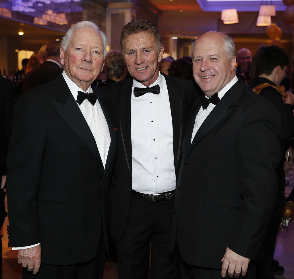 Gay Byrne with Eamonn Clughlan and Joe Quinsey , pictured at the CMRF Crumlin Gold Ball at the Doubletree by Hilton Hotel on Saturday March 14th.CMRF Crumlin, the principal fundraising body for Our Ladyâ€™s Childrenâ€™s Hospital, Crumlin and the National Childrenâ€™s Research Centre, celebrated its 50th anniversary with The Gold Ball to acknowledge 50 years of fundraising for childrenâ€™s health in Ireland. Pic. Robbie Reynolds