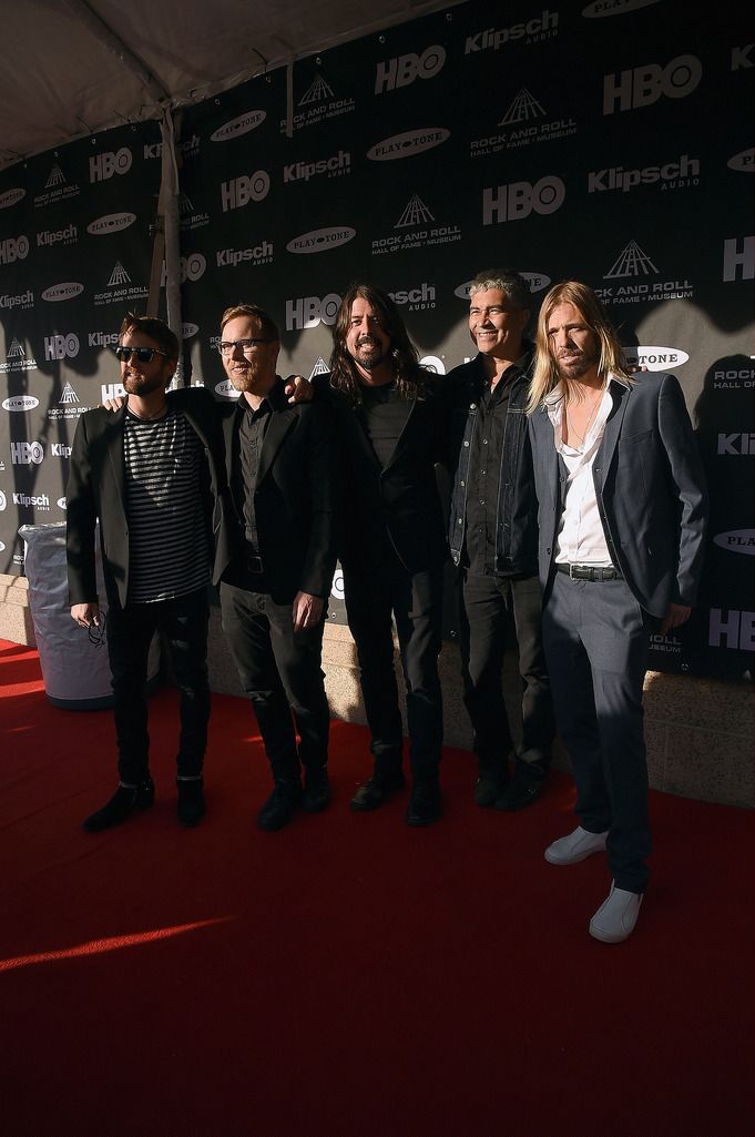 CLEVELAND, OH - APRIL 18:  (L-R) Chris Shiflett, Nate Mendel, Dave Grohl, Pat Smear and Taylor Hawkins of Foo Fighters attend the 30th Annual Rock And Roll Hall Of Fame Induction Ceremony at Public Hall on April 18, 2015 in Cleveland, Ohio.  (Photo by Michael Loccisano/Getty Images)