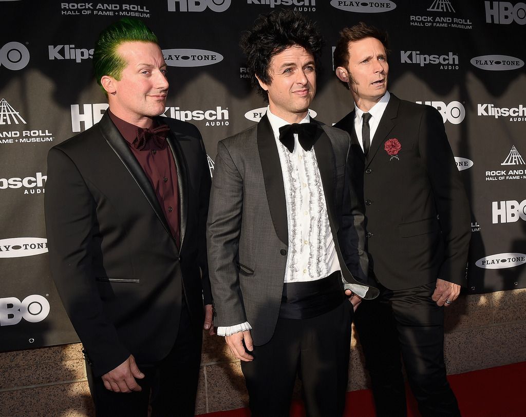 CLEVELAND, OH - APRIL 18:  (L-R) Musicians Tre Cool, Billie Joe Armstrong and Mike Dirnt of Green Day attend the 30th Annual Rock And Roll Hall Of Fame Induction Ceremony at Public Hall on April 18, 2015 in Cleveland, Ohio.  (Photo by Michael Loccisano/Getty Images)