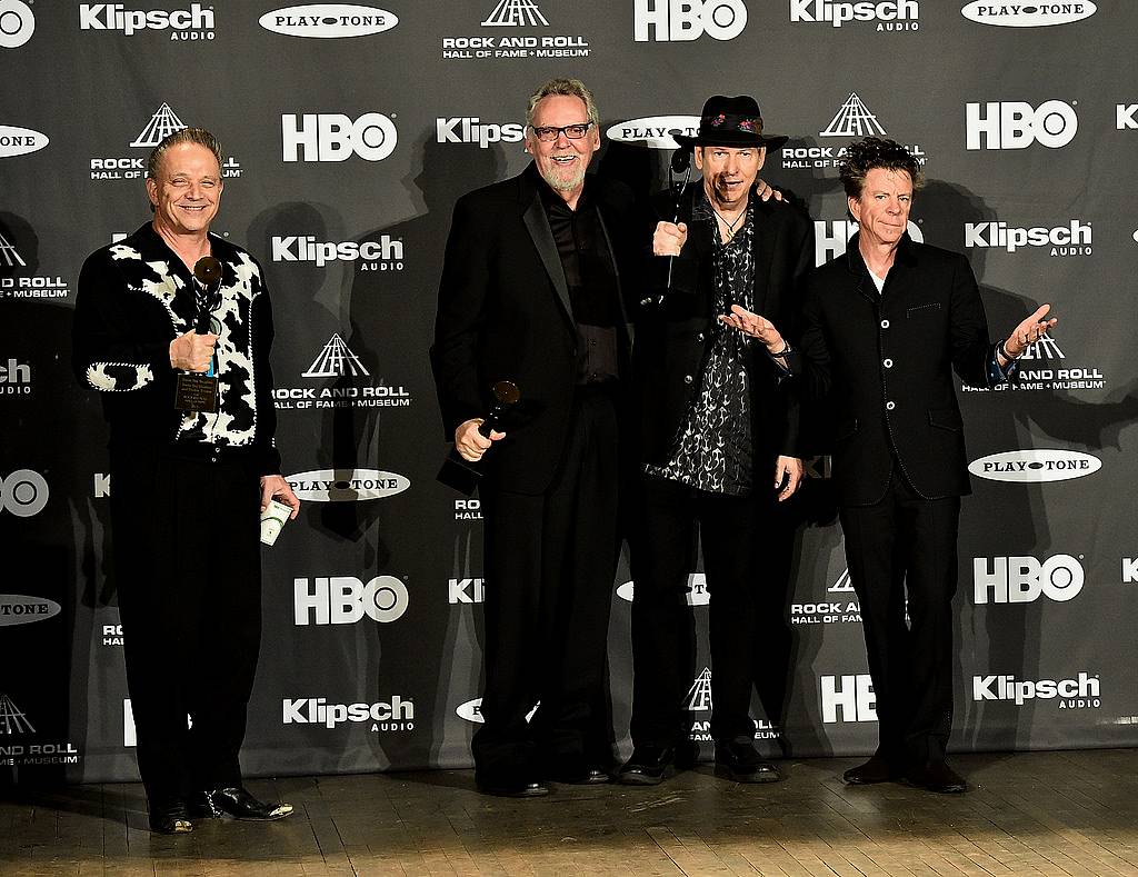 CLEVELAND, OH - APRIL 18:  Jimmie Vaughan and inductees Reese Wynans, Tommy Shannon and Chris Layton of Stevie Ray Vaughan and Double Trouble speak in the press room during the 30th Annual Rock And Roll Hall Of Fame Induction Ceremony at Public Hall on April 18, 2015 in Cleveland, Ohio.  (Photo by Michael Loccisano/Getty Images)