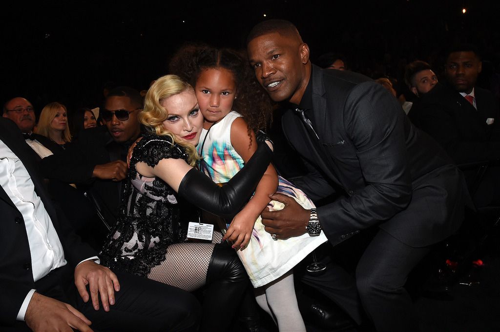 Madonna, Annalise Bishop and actor Jamie Foxx attend The 57th Annual GRAMMY Awards at the STAPLES Center on February 8, 2015 in Los Angeles, California.  (Photo by Larry Busacca/Getty Images for NARAS)