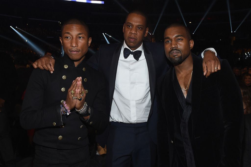 Recording Artists Pharrell Williams, Jay Z and Kanye West attend The 57th Annual GRAMMY Awards at the STAPLES Center on February 8, 2015 in Los Angeles, California.  (Photo by Larry Busacca/Getty Images for NARAS)
