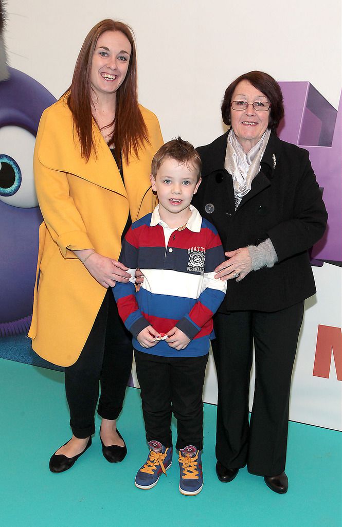 Trisha Byrne ,Stuart Hyland and Teresa Byrne at the Irish Premiere screening of Home at  Odeon Cinema in Point Village ,Dublin.Picture:Brian McEvoy.