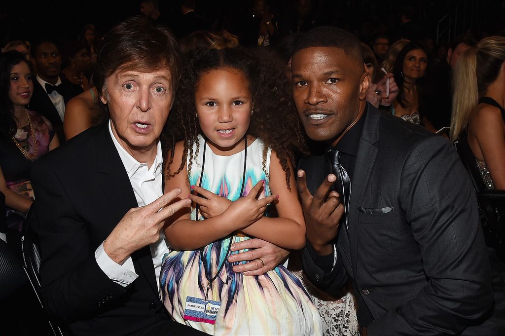 Paul Mcartney, Annalise Bishop and actor Jamie Foxx attends The 57th Annual GRAMMY Awards at the STAPLES Center on February 8, 2015 in Los Angeles, California.  (Photo by Larry Busacca/Getty Images for NARAS)