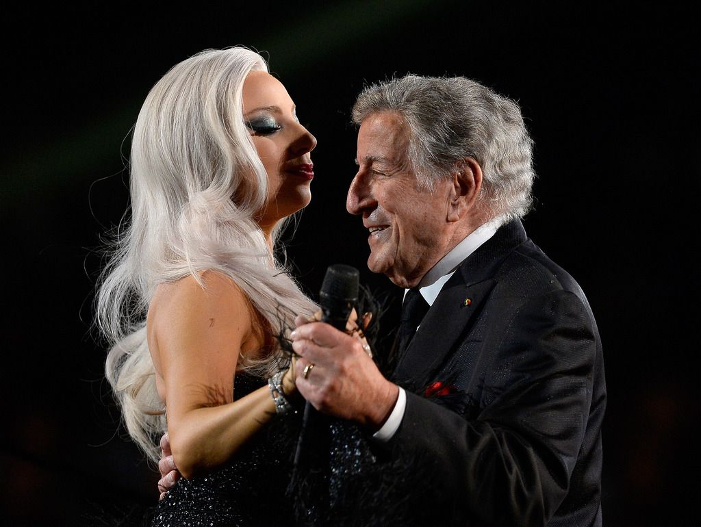 Singers Lady Gaga (L) and Tony Bennett perform "Cheek to Cheek" onstage during The 57th Annual GRAMMY Awards at the at the STAPLES Center on February 8, 2015 in Los Angeles, California.  (Photo by Kevork Djansezian/Getty Images)