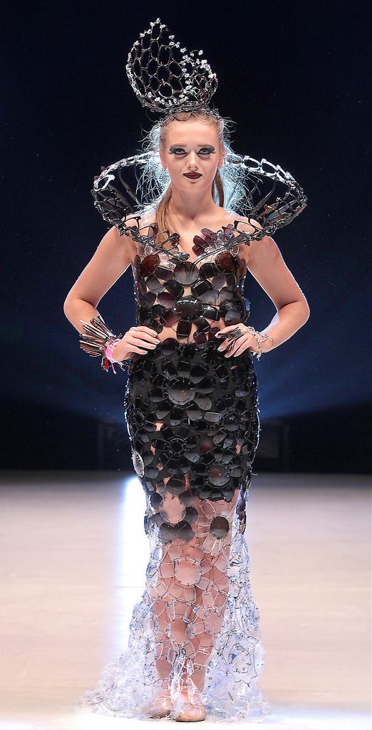 A Dress entitled Spectacular is modelled by Orla Kelly from Our Ladyâ€™s Bower, Athlone is made from glasses lenses and pairs of glasses which the team collected from opticians  at the final of The Bank of Ireland Junk Kouture Competition in association with Repak at The 3 Arena,Dublin on Friday night..Picture:Brian McEvoy.