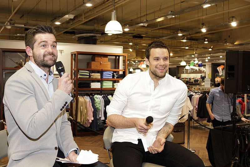 Bressie with Mike Sheridan Editor of Entertainment.ie at Arnotts Mens Wear Live events in association with Entertainment.ie.