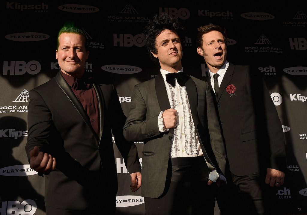 CLEVELAND, OH - APRIL 18:  (L-R) Musicians Tre Cool, Billie Joe Armstrong and Mike Dirnt of Green Day attend the 30th Annual Rock And Roll Hall Of Fame Induction Ceremony at Public Hall on April 18, 2015 in Cleveland, Ohio.  (Photo by Michael Loccisano/Getty Images)