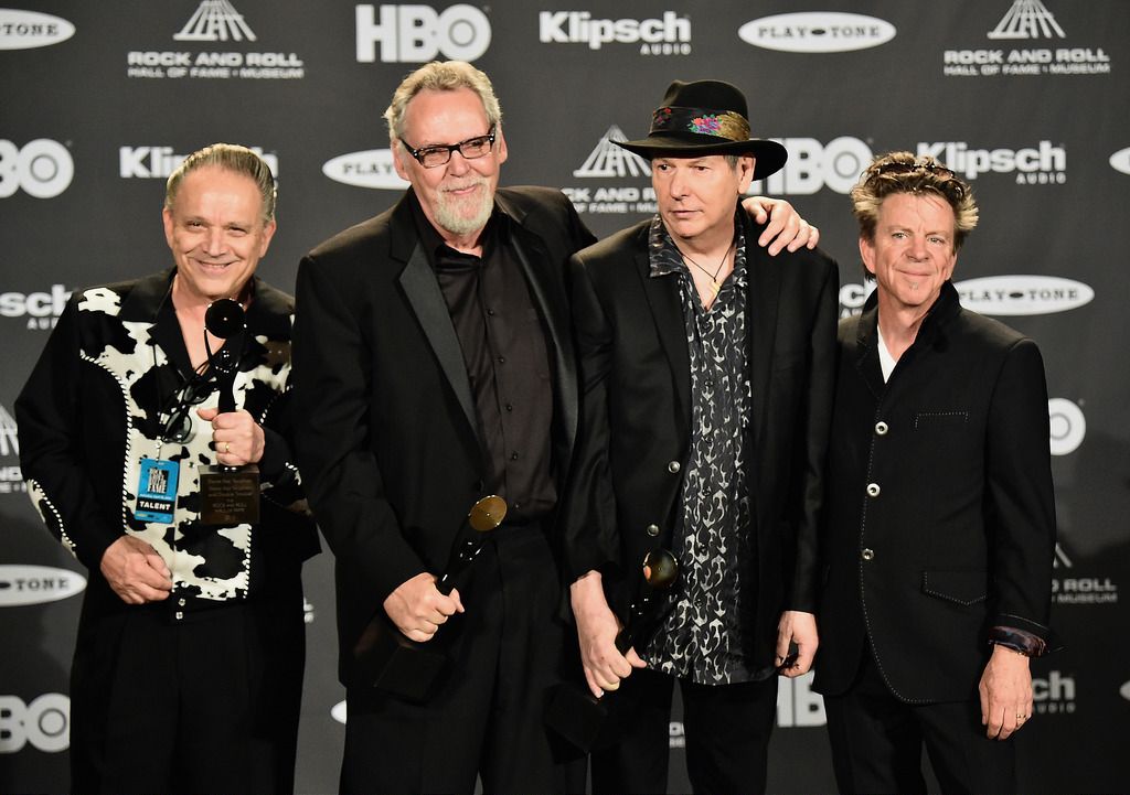 CLEVELAND, OH - APRIL 18:  Jimmie Vaughan and inductees Reese Wynans, Tommy Shannon and Chris Layton of Stevie Ray Vaughan and Double Trouble speak in the press room during the 30th Annual Rock And Roll Hall Of Fame Induction Ceremony at Public Hall on April 18, 2015 in Cleveland, Ohio.  (Photo by Michael Loccisano/Getty Images)