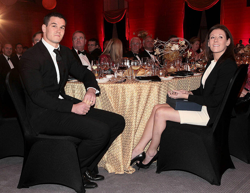 Johnny Sexton  and his wife Laura (Right) pictured at O Reilly Hall in Ucd Dublin    where he received The Foundation Day Medal  at the UCD Foundation Day Alumni Awards   In recognition of his outstanding achievements both in provincial and national rugby...Pictures:Brian McEvoy.
