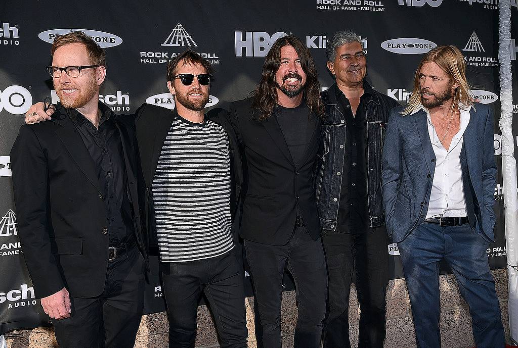 CLEVELAND, OH - APRIL 18:  (L-R) Nate Mendel, Chris Shiflett, Dave Grohl, Pat Smear and Taylor Hawkins of Foo Fighters attend the 30th Annual Rock And Roll Hall Of Fame Induction Ceremony at Public Hall on April 18, 2015 in Cleveland, Ohio.  (Photo by Michael Loccisano/Getty Images)