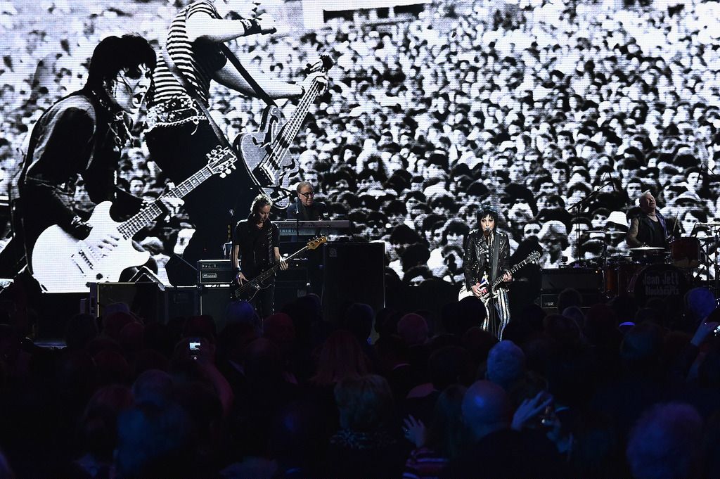 CLEVELAND, OH - APRIL 18: Inductees Joan Jett and the Blackhearts perform onstage during the 30th Annual Rock And Roll Hall Of Fame Induction Ceremony at Public Hall on April 18, 2015 in Cleveland, Ohio.  (Photo by Mike Coppola/Getty Images)