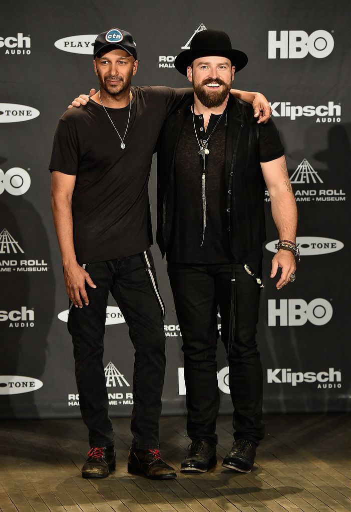 CLEVELAND, OH - APRIL 18:  Musicians Tom Morello (L) and Zac Brown attend the 30th Annual Rock And Roll Hall Of Fame Induction Ceremony at Public Hall on April 18, 2015 in Cleveland, Ohio.  (Photo by Michael Loccisano/Getty Images)