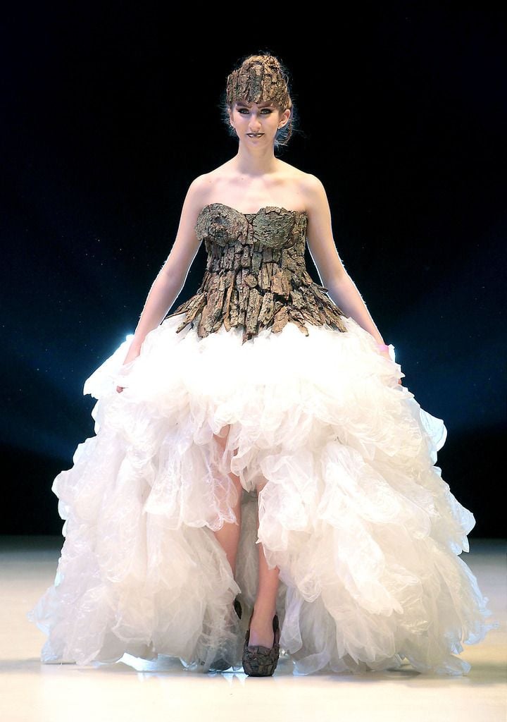 A dress entitled "Dendroderma"  made from plastic bags, tree bark and wires from spiral bound notebooks. It is modelled by Kateryna Kalcheva from Loreto Balbriggan, county Dublin.  at the final of The Bank of Ireland Junk Kouture Competition in association with Repak at The 3 Arena,Dublin on Friday night..Picture:Brian McEvoy