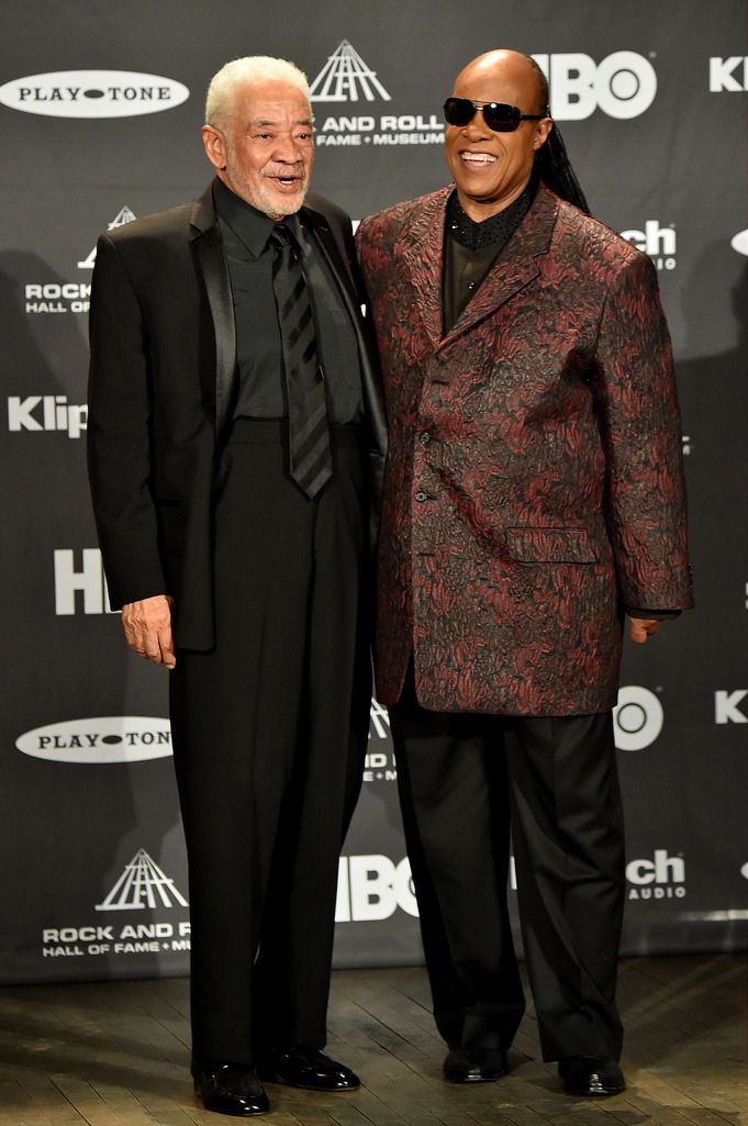 CLEVELAND, OH - APRIL 18:  Inductee Bill Withers (L) and Stevie Wonder attend the 30th Annual Rock And Roll Hall Of Fame Induction Ceremony at Public Hall on April 18, 2015 in Cleveland, Ohio.  (Photo by Michael Loccisano/Getty Images)