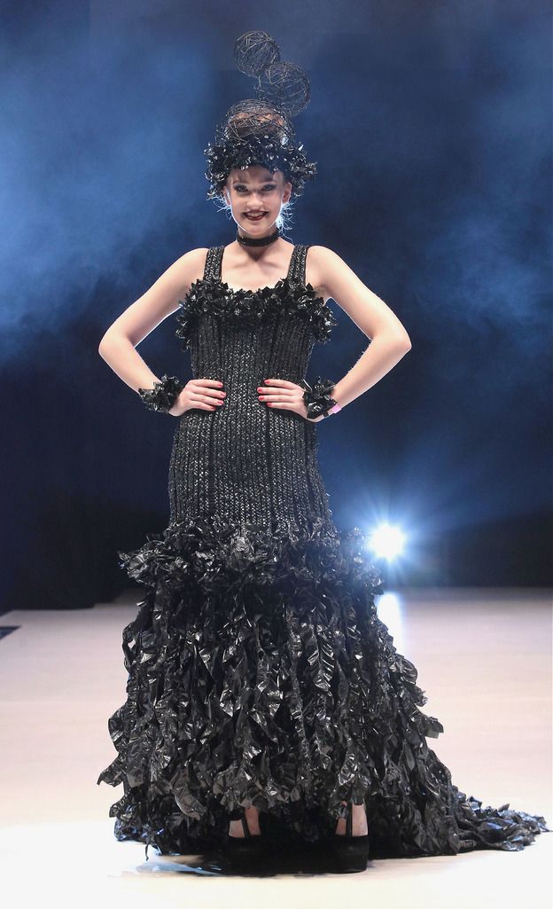 A Dress entitled "Frayed in the Dark"  made from black plastic bags and is modelled by Paulina Vilimaite from Loreto, Balbriggan  at the final of The Bank of Ireland Junk Kouture Competition in association with Repak at The 3 Arena,Dublin on Friday night..Picture:Brian McEvoy.
