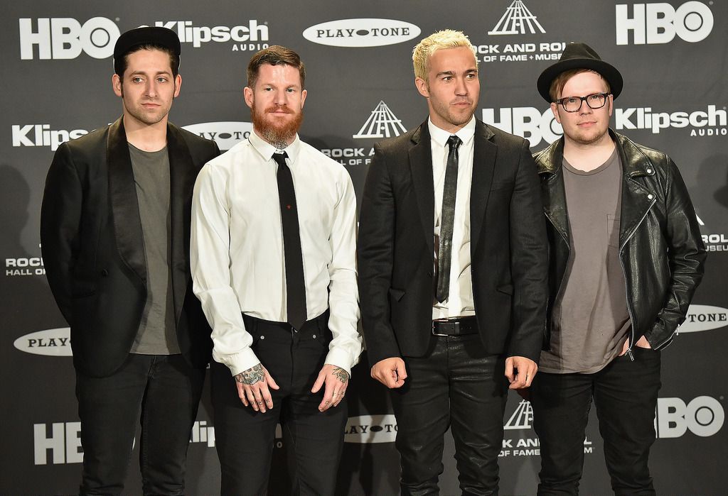 CLEVELAND, OH - APRIL 18:  (L-R) Joe Trohman, Andy Hurley, Pete Wentz and Patrick Stump of Fall Out Boy attend the 30th Annual Rock And Roll Hall Of Fame Induction Ceremony at Public Hall on April 18, 2015 in Cleveland, Ohio.  (Photo by Michael Loccisano/Getty Images)