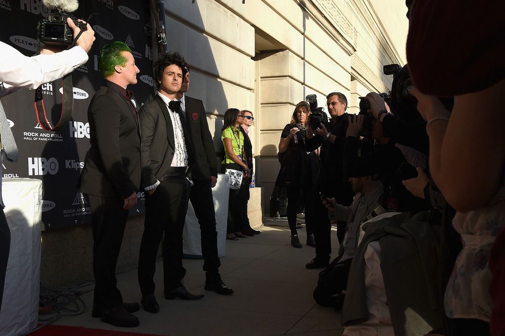 CLEVELAND, OH - APRIL 18:  (L-R) Musicians Tre Cool, Billie Joe Armstrong and Mike Dirnt of Green Day attend the 30th Annual Rock And Roll Hall Of Fame Induction Ceremony at Public Hall on April 18, 2015 in Cleveland, Ohio.  (Photo by Michael Loccisano/Getty Images)