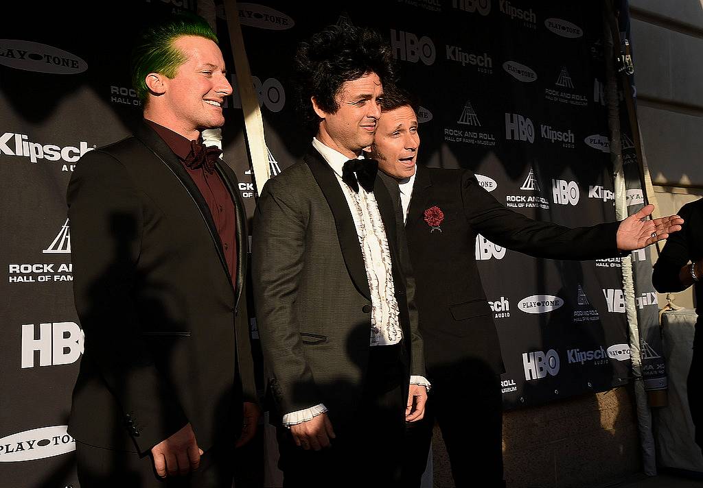 CLEVELAND, OH - APRIL 18:  (L-R) Musicians Tre Cool, Billie Joe Armstrong and Mike Dirnt of Green Day attend the 30th Annual Rock And Roll Hall Of Fame Induction Ceremony at Public Hall on April 18, 2015 in Cleveland, Ohio.  (Photo by Michael Loccisano/Getty Images)