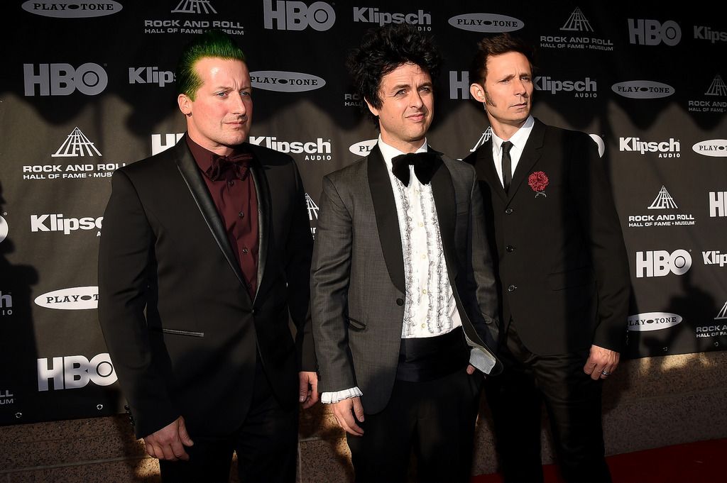 CLEVELAND, OH - APRIL 18:  (L-R) Musicians Tre Cool, Billie Joe Armstrong and Mike Dirnt of Green Day attend the 30th Annual Rock And Roll Hall Of Fame Induction Ceremony at Public Hall on April 18, 2015 in Cleveland, Ohio.  (Photo by Michael Loccisano/Getty Images)