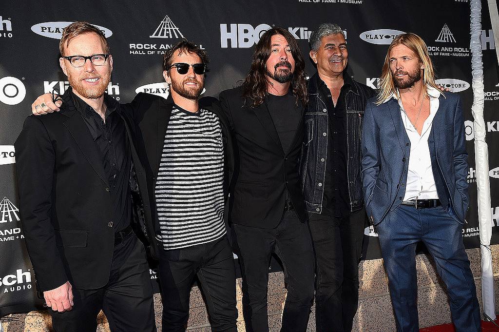 CLEVELAND, OH - APRIL 18:  (L-R) Nate Mendel, Chris Shiflett, Dave Grohl, Pat Smear and Taylor Hawkins of Foo Fighters attend the 30th Annual Rock And Roll Hall Of Fame Induction Ceremony at Public Hall on April 18, 2015 in Cleveland, Ohio.  (Photo by Michael Loccisano/Getty Images)