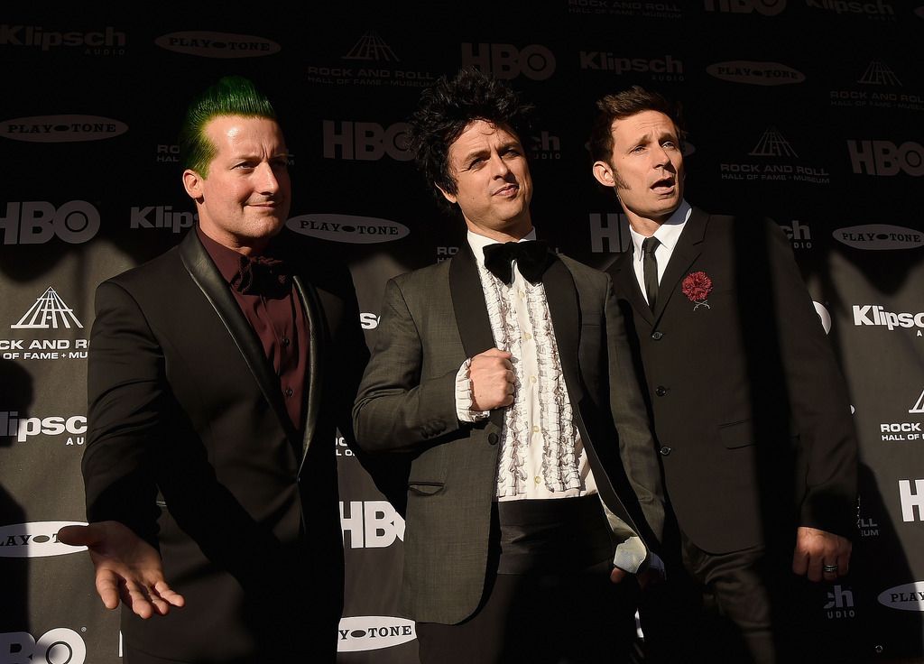 CLEVELAND, OH - APRIL 18:  (L-R) Musicians Tre Cool, Billie Joe Armstrong and Mike Dirnt of Green Day attend the 30th Annual Rock And Roll Hall Of Fame Induction Ceremony at Public Hall on April 18, 2015 in Cleveland, Ohio.  (Photo by Michael Loccisano/Getty Images)