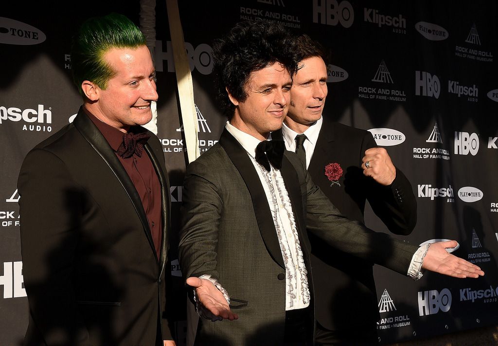 CLEVELAND, OH - APRIL 18:  (L-R) Musicians Tre Cool, Billie Joe Armstrong and Mike Dirnt of Green Day attend the 30th Annual Rock And Roll Hall Of Fame Induction Ceremony at Public Hall on April 18, 2015 in Cleveland, Ohio.  (Photo by Michael Loccisano/Getty Images)