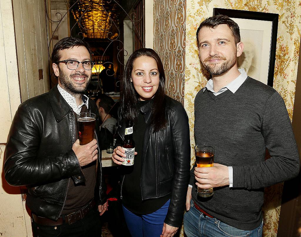 
David Warner, Louise Bocking and Owen Mangan at the launch of Orchard Thieves Cider at the Den-photo Kieran Harnett