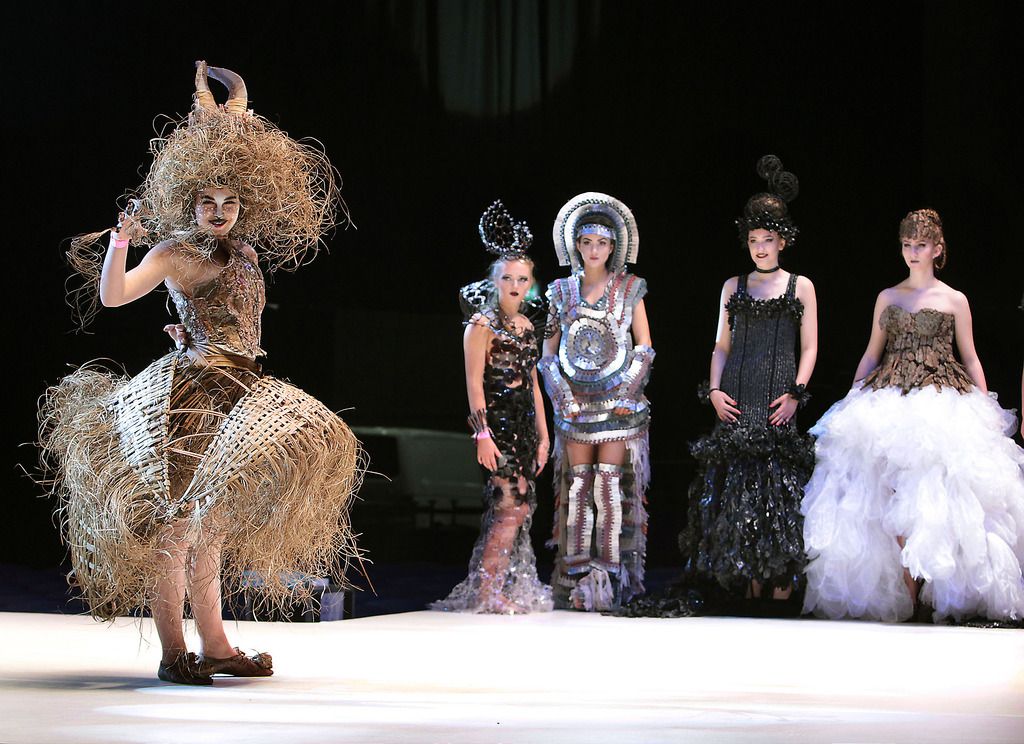 Aurica Syrbu from Loreto Balbriggan (Left) wears  a dress entitled Queen of the Forest  created from palm and deciduous leaves which are woven, ripped, torn, stripped and lacquered  at the final of The Bank of Ireland Junk Kouture Competition in association with Repak at The 3 Arena,Dublin on Friday night..Picture:Brian McEvoy.