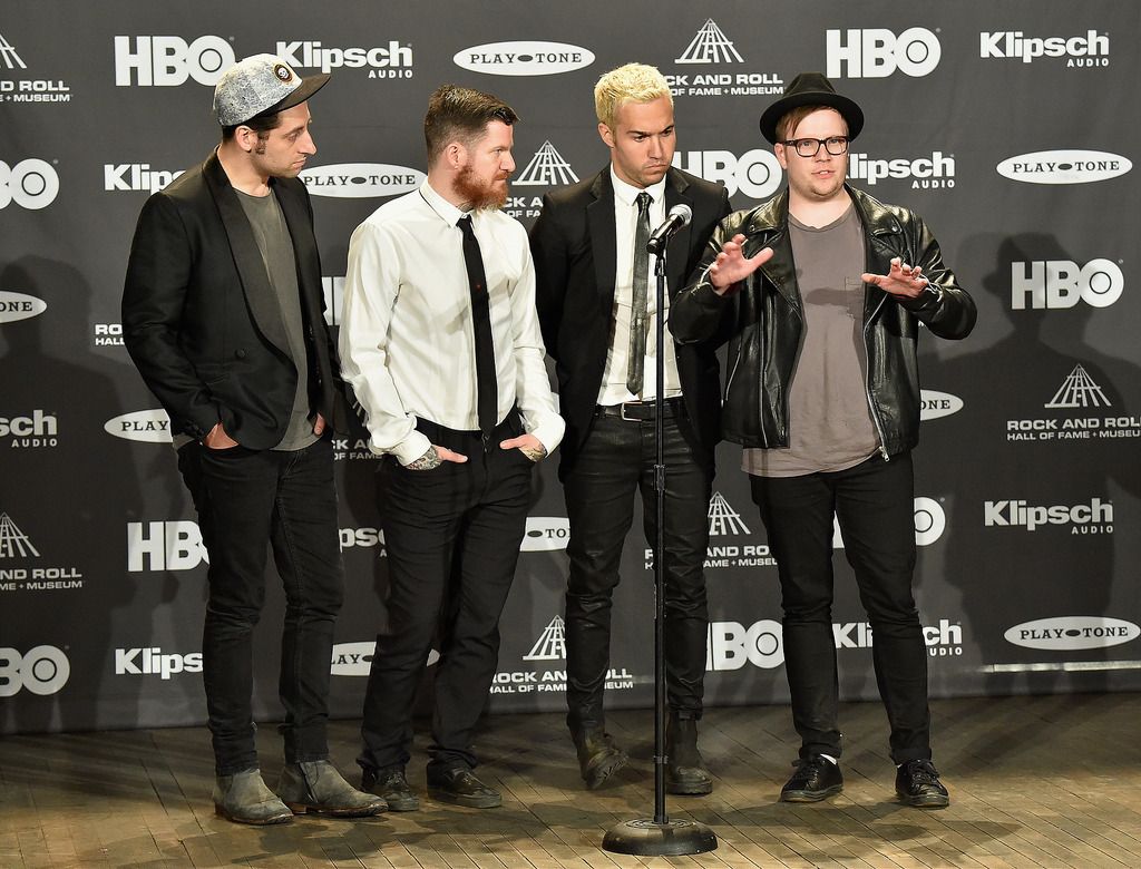 CLEVELAND, OH - APRIL 18:  (L-R) Joe Trohman, Andy Hurley, Pete Wentz and Patrick Stump of Fall Out Boy attend the 30th Annual Rock And Roll Hall Of Fame Induction Ceremony at Public Hall on April 18, 2015 in Cleveland, Ohio.  (Photo by Michael Loccisano/Getty Images)