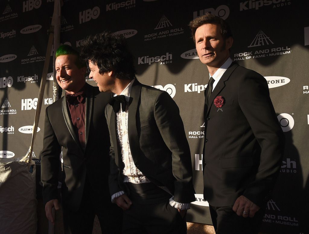 CLEVELAND, OH - APRIL 18:  (L-R) Musicians Tre Cool, Billie Joe Armstrong and Mike Dirnt of Green Day attend the 30th Annual Rock And Roll Hall Of Fame Induction Ceremony at Public Hall on April 18, 2015 in Cleveland, Ohio.  (Photo by Michael Loccisano/Getty Images)