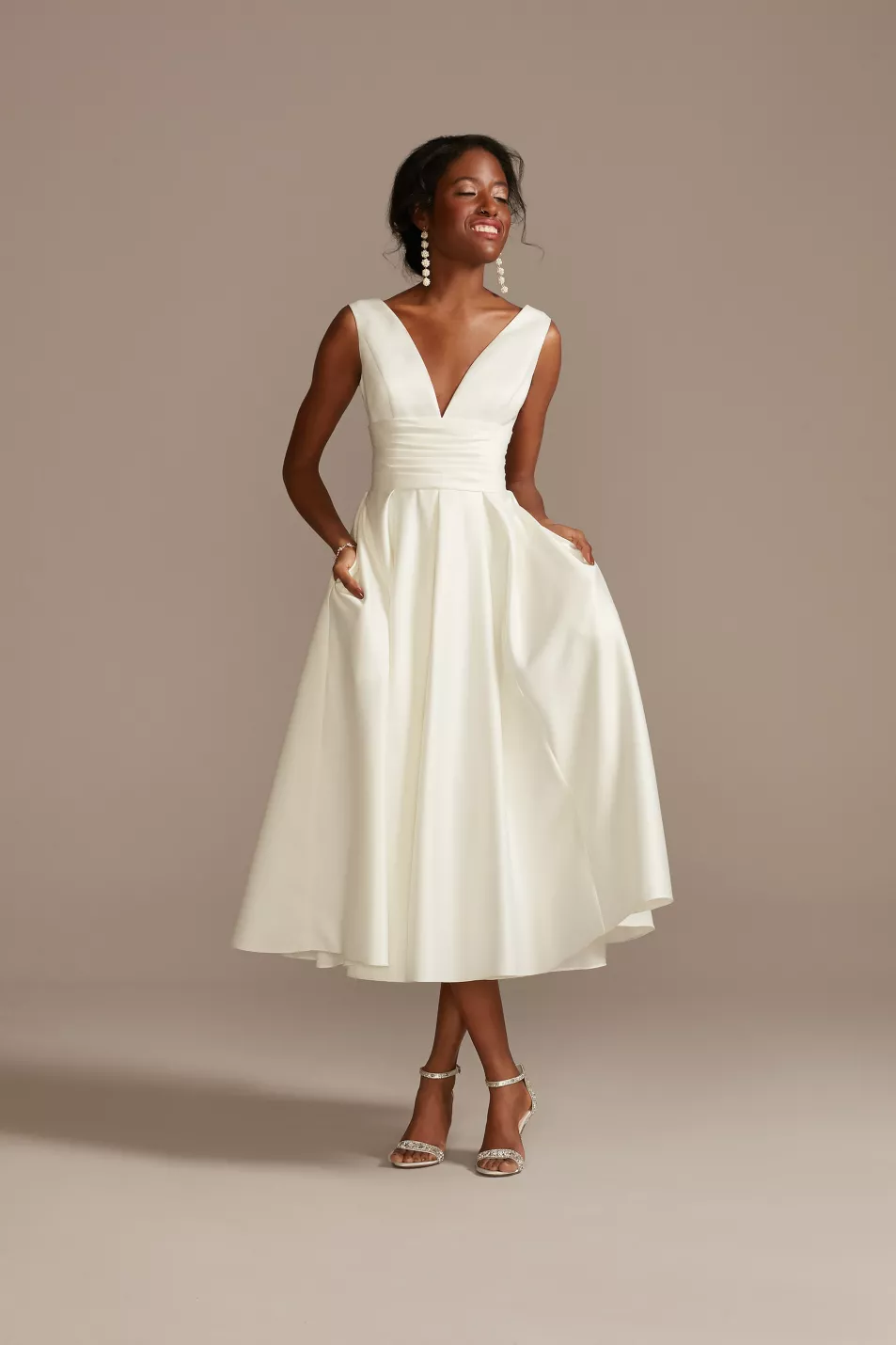 David' Bridal Satin V-Neck Tea Length A-line Dress,