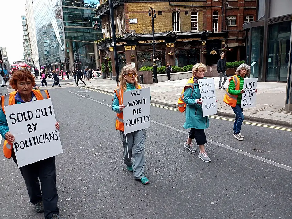 Just Stop Oil protesters with placards slow marching along Victoria Street on Wednesday.