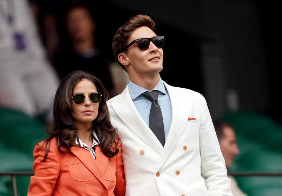 Mercedes F1 driver George Russell, alongside Carmen Montero Mundt in the royal box on day ten of the 2023 Wimbledon Championships 