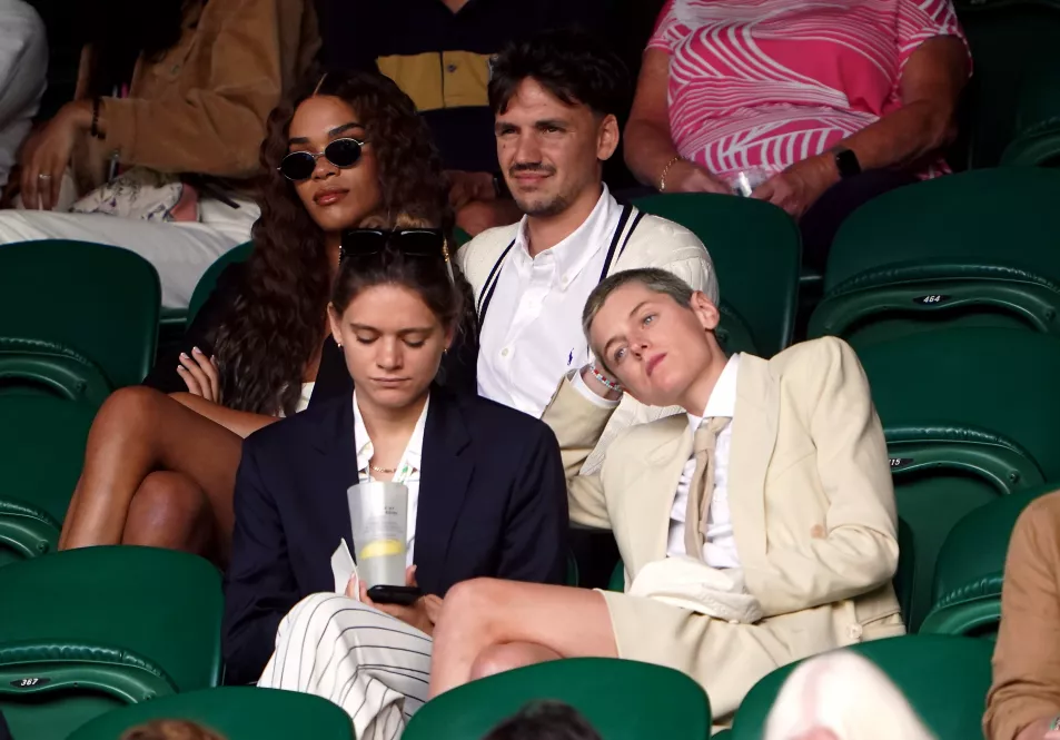 Emma Corrin (front right) in the stands on day seven of the 2023 Wimbledon Championships