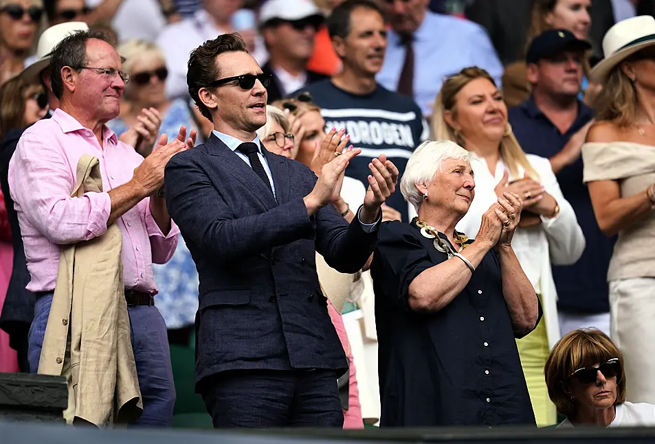 Tom Hiddleston and his mother Diana Patricia Hiddleston on day eight of the 2023 Wimbledon Championships