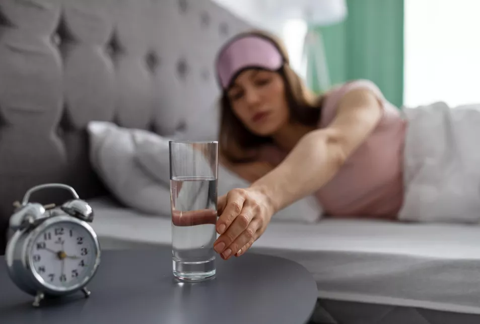 Woman in bed with sleep mask taking glass of water